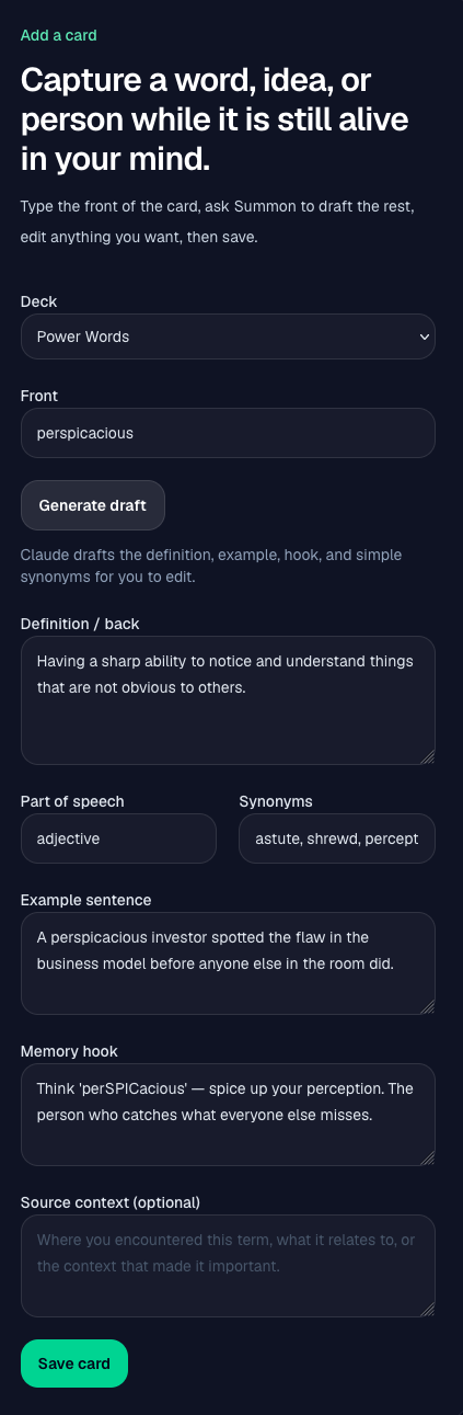 Soro Soke add card page showing AI-generated definition, memory hook, and example sentence for a word