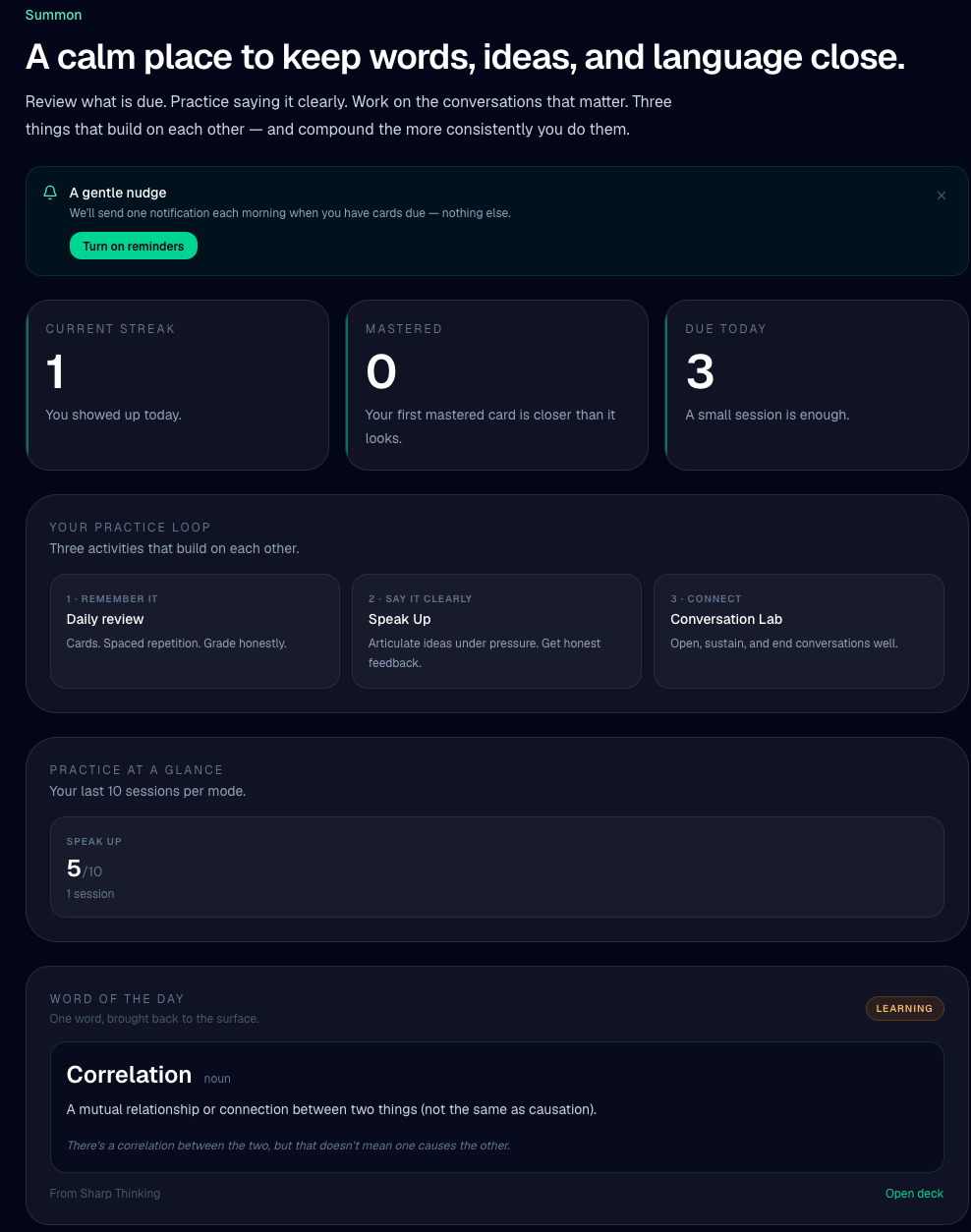 Soro Soke dashboard showing review streak, 30-day activity heatmap, and deck list with mastery progress